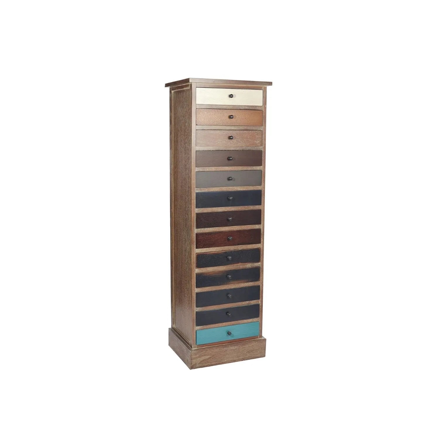 Turquoise blue and neutral distressed pine wood 13 drawer tallboy chest with black knob handles angled facing right | Click Style