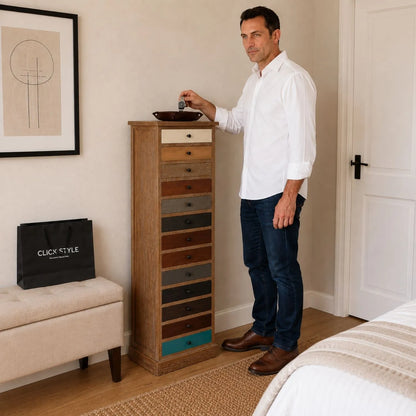 Turquoise Blue & Neutral Distressed Pine Wood 13 Drawer Tallboy Chest styled in a bedroom with a man | Click Style