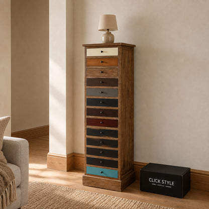 Turquoise Blue & Neutral Distressed Pine Wood 13 Drawer Tallboy Chest with Black Knob Handles | Click Style