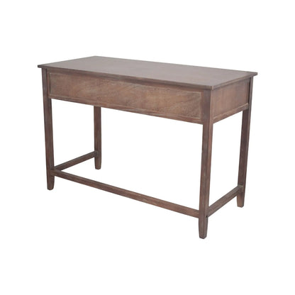 Turquoise blue and neutral distressed pine wood 3 drawer desk back and right side view | Click Style