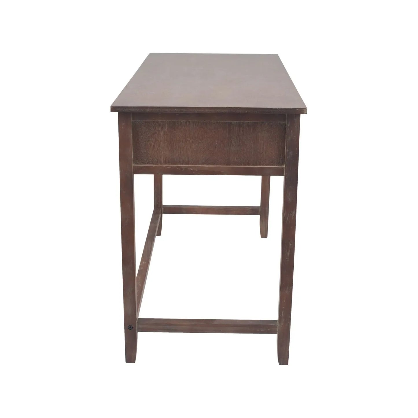 Turquoise blue and neutral distressed pine wood 3 drawer desk with black knob handles right-facing side view | Click Style