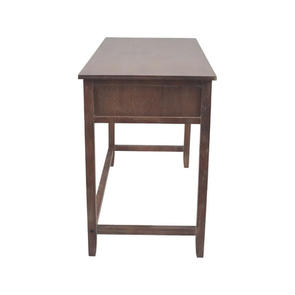 Turquoise blue and neutral distressed pine wood 3 drawer desk with black knob handles right-facing side view | Click Style