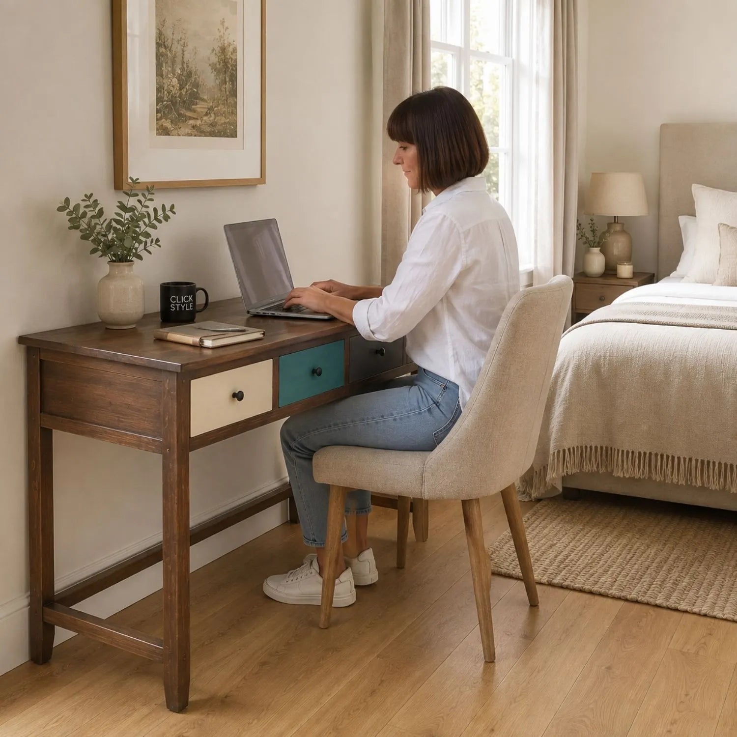 Turquoise blue and neutral distressed pine wood 3 drawer desk with black knob handles styled in a bedroom with woman working | Click Style