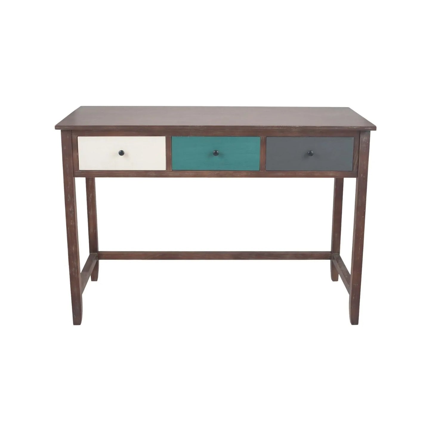Turquoise blue and neutral distressed pine wood 3 drawer desk with black knob handles front view | Click Style