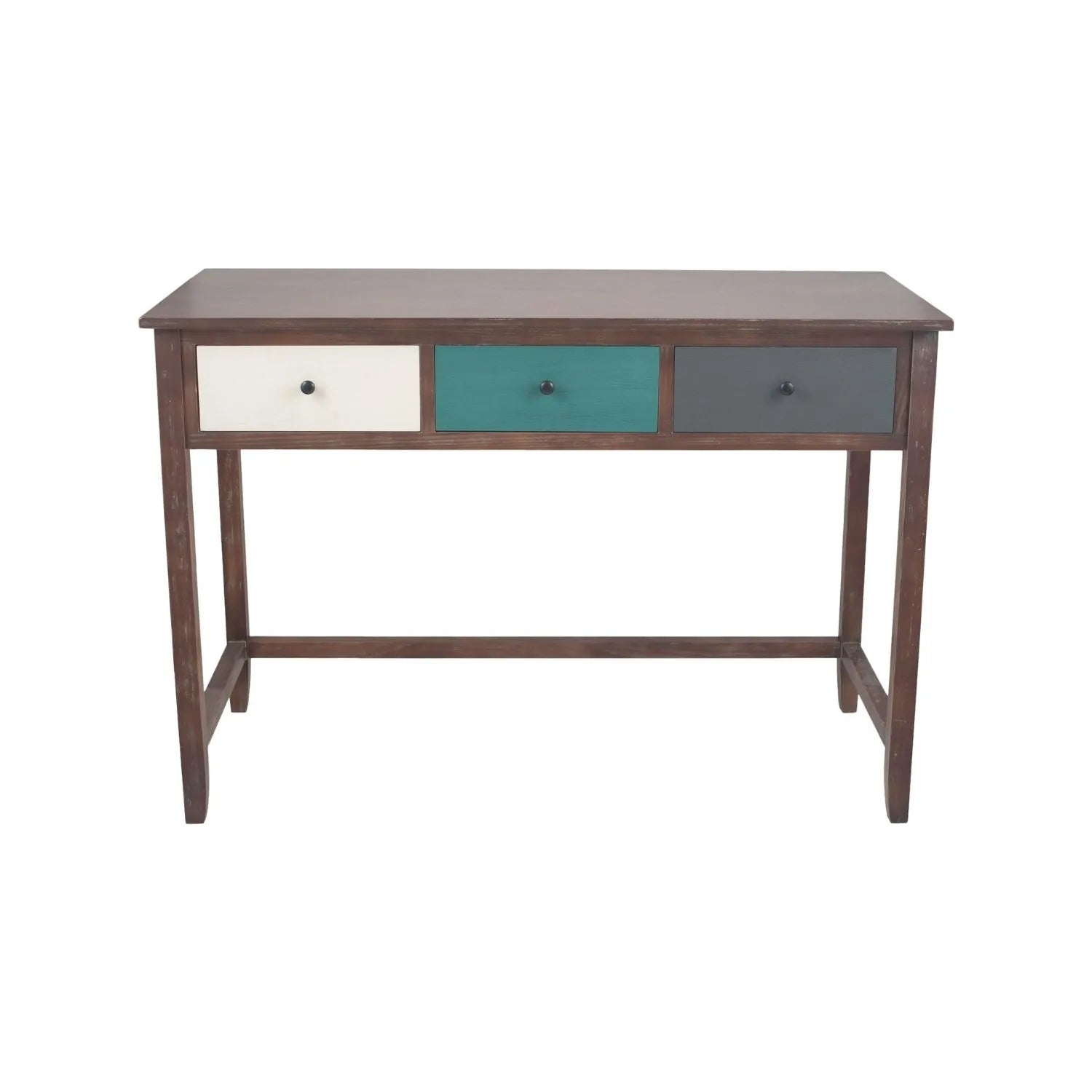 Turquoise blue and neutral distressed pine wood 3 drawer desk with black knob handles front view | Click Style