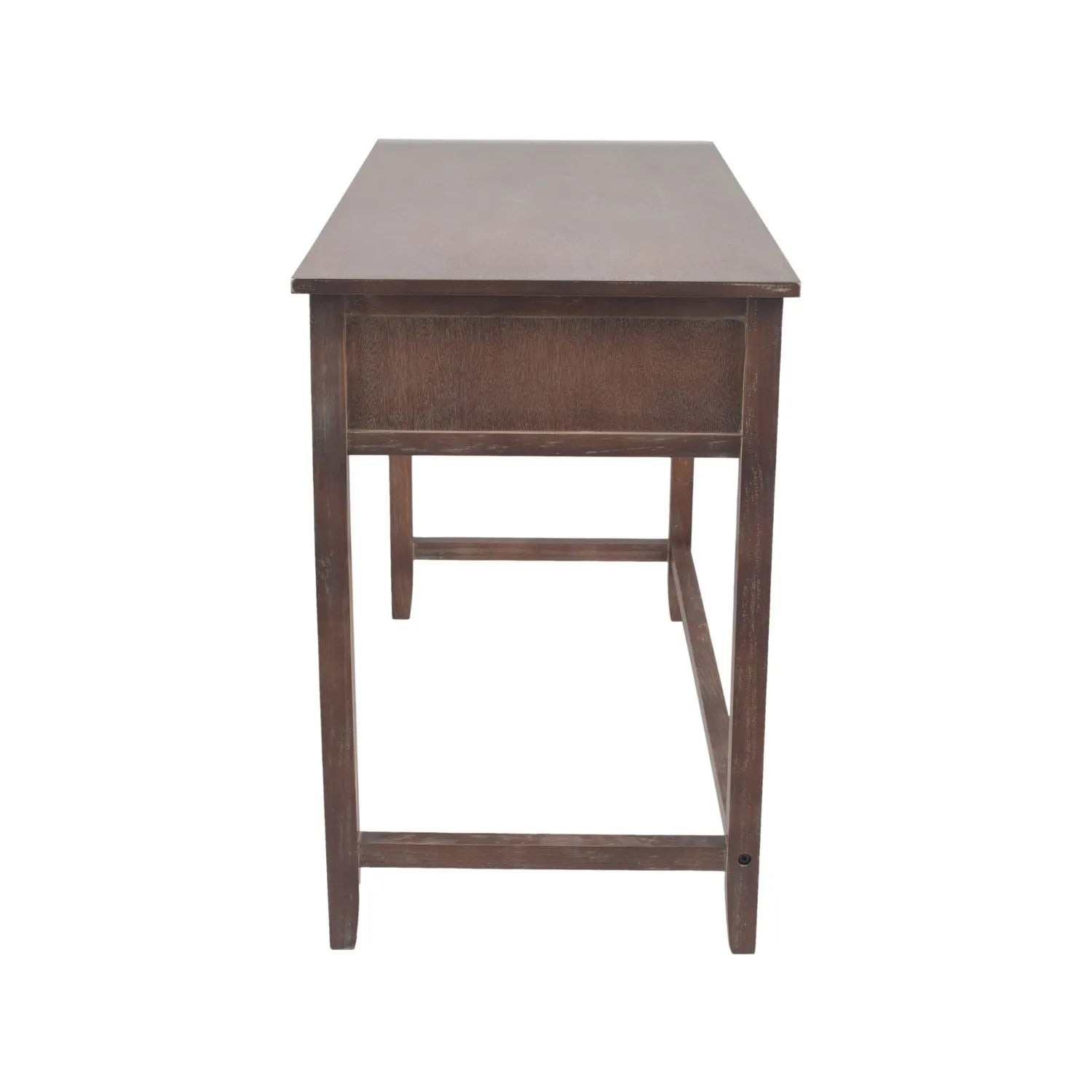 Turquoise blue and neutral distressed pine wood 3 drawer desk left-facing side view | Click Style