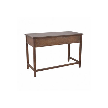 Turquoise blue and neutral distressed pine wood 3 drawer desk back and right side view | Click Style