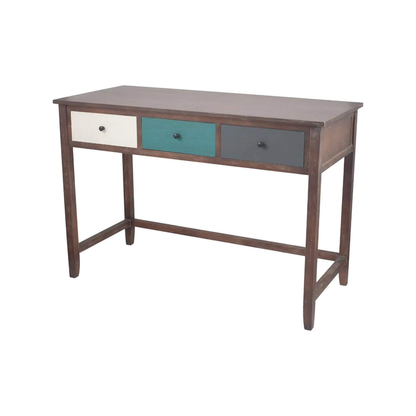 Turquoise blue and neutral distressed pine wood 3 drawer desk with black knob handles angled front and side view | Click Style