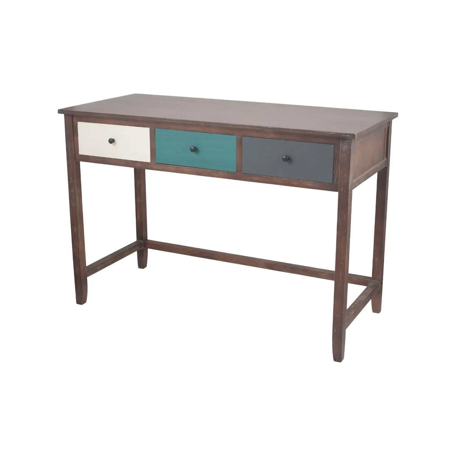 Turquoise blue and neutral distressed pine wood 3 drawer desk with black knob handles angled front and side view | Click Style