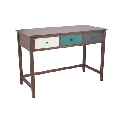 Turquoise blue and neutral distressed pine wood 3 drawer desk with black knob handles angled front and right side view | Click Style