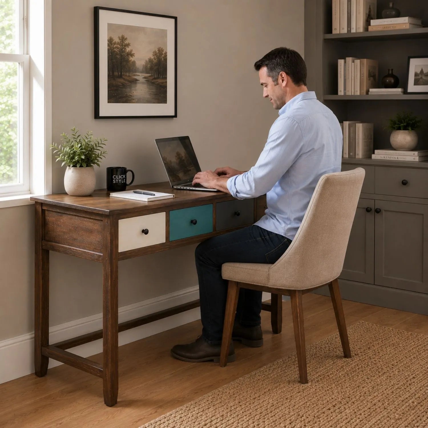 Turquoise blue and neutral distressed pine wood 3 drawer desk with black knob handles styled in a home office with man working | Click Style