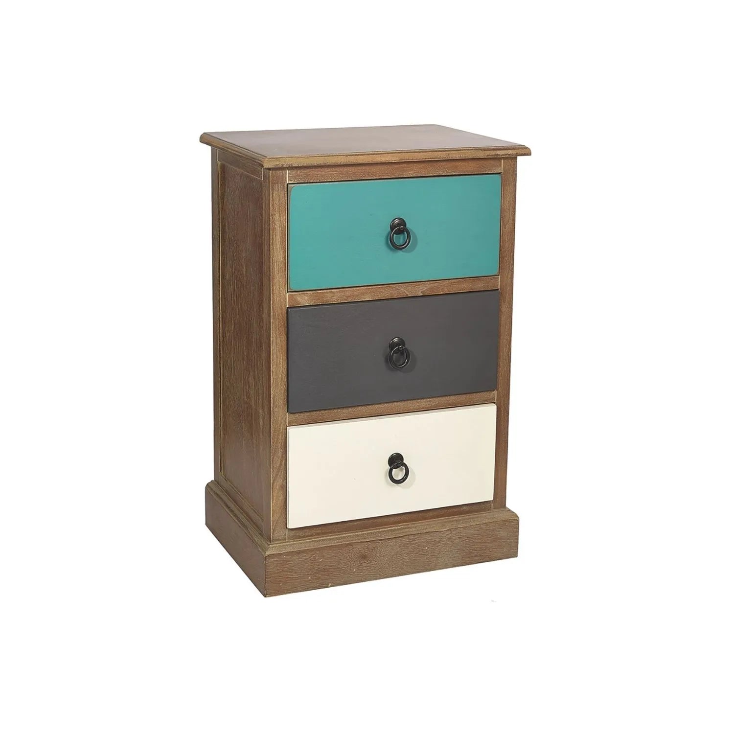 Turquoise Blue & Neutral Distressed Pine Wood 3 Drawer Side Table & Bedside Table with Black Ring Handles – angled front and side view