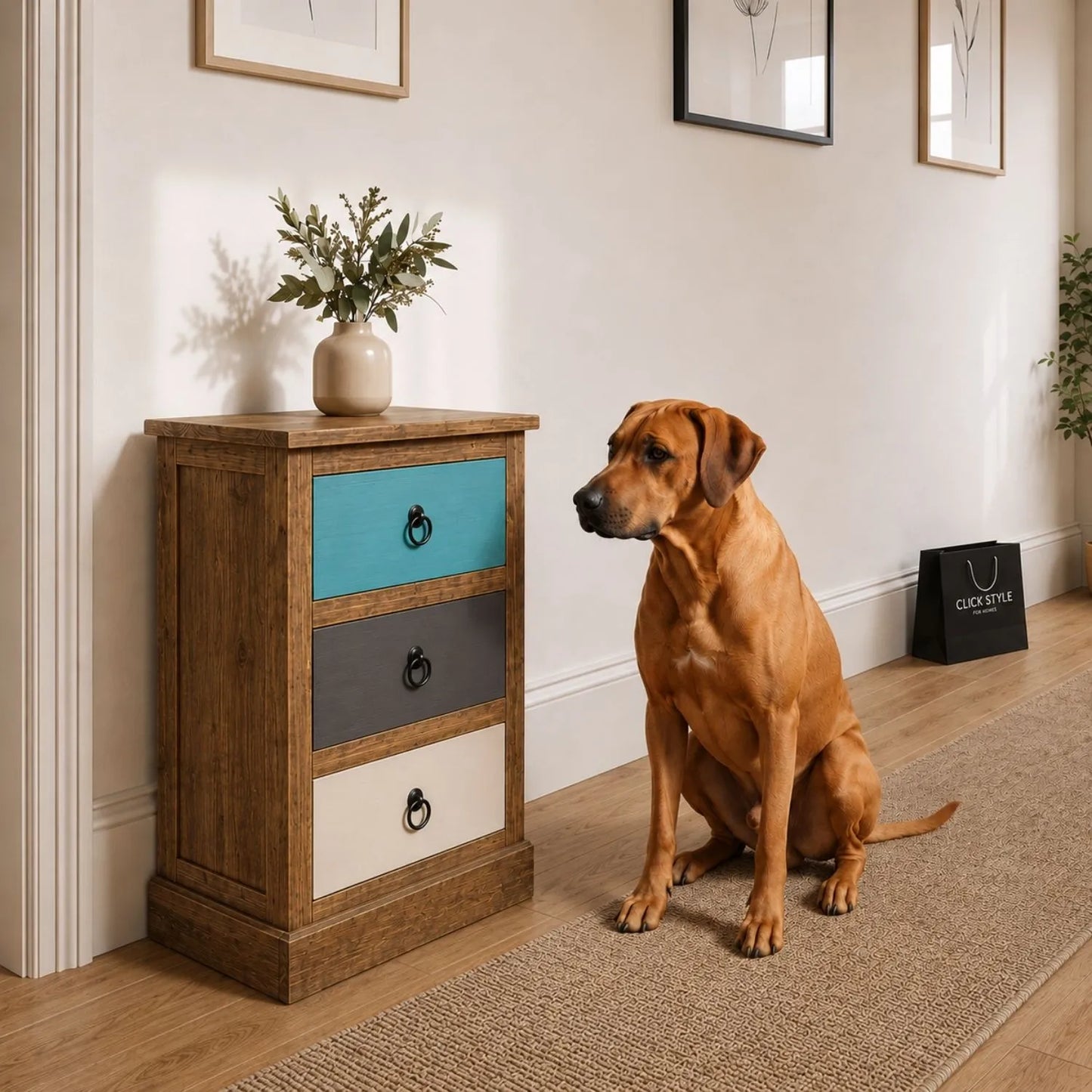 Turquoise blue and neutral distressed pine wood 3 drawer side table with black ring handles styled in a UK hallway with Rhodesian Ridgeback | Click Style