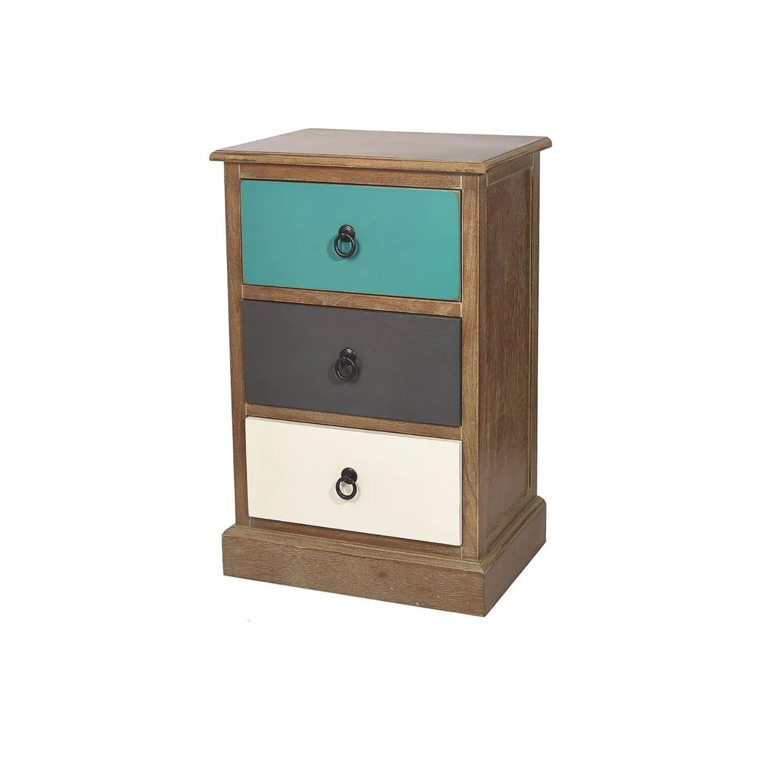 Turquoise Blue & Neutral Distressed Pine Wood 3 Drawer Side Table & Bedside Table with Black Ring Handles – angled to left front and side view