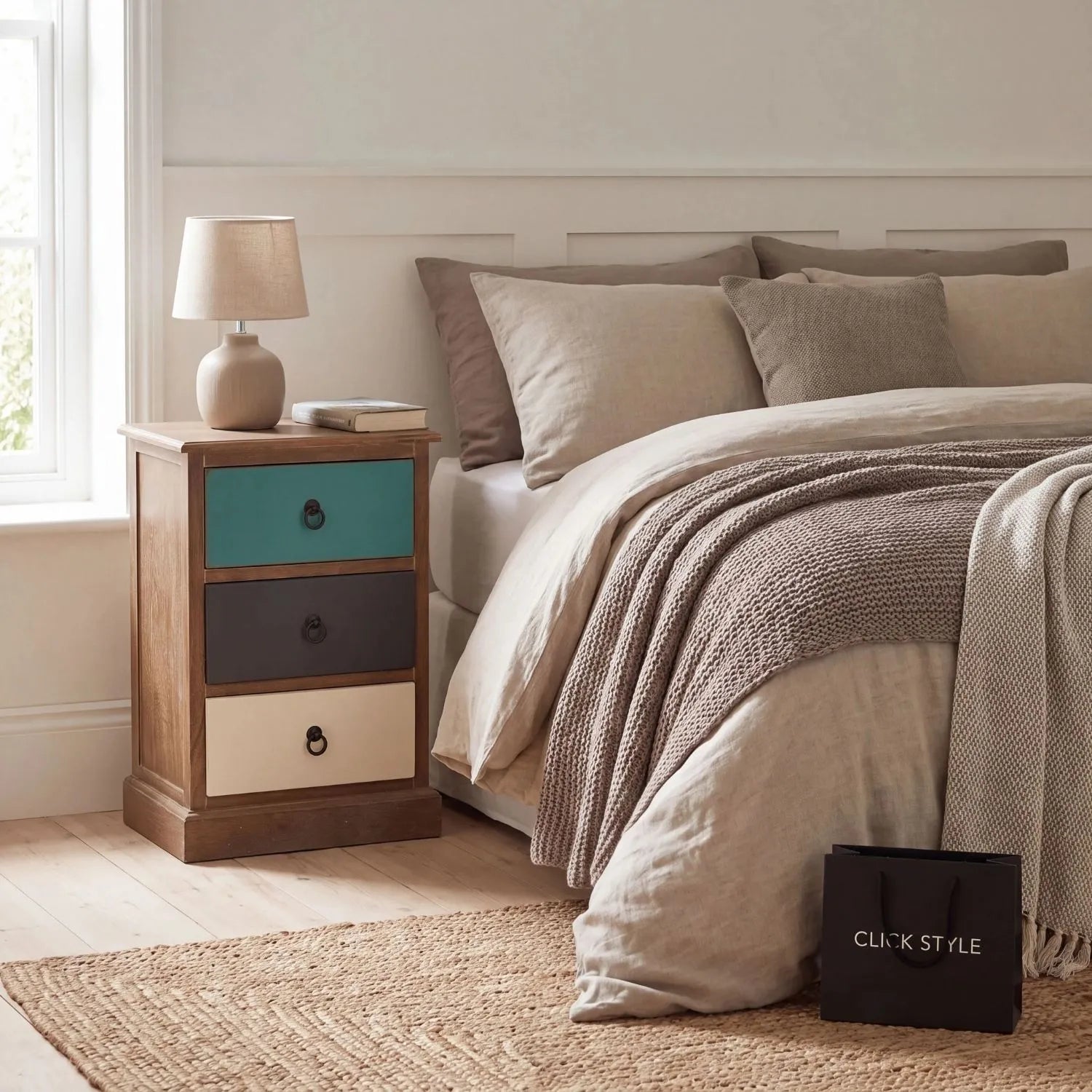 Turquoise blue and neutral distressed pine wood 3 drawer bedside table with black ring handles styled in a modern country bedroom | Click Style