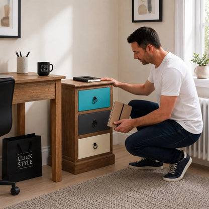 Turquoise blue and neutral distressed pine wood 3 drawer side table with black ring handles styled as compact home office storage with man | Click Style