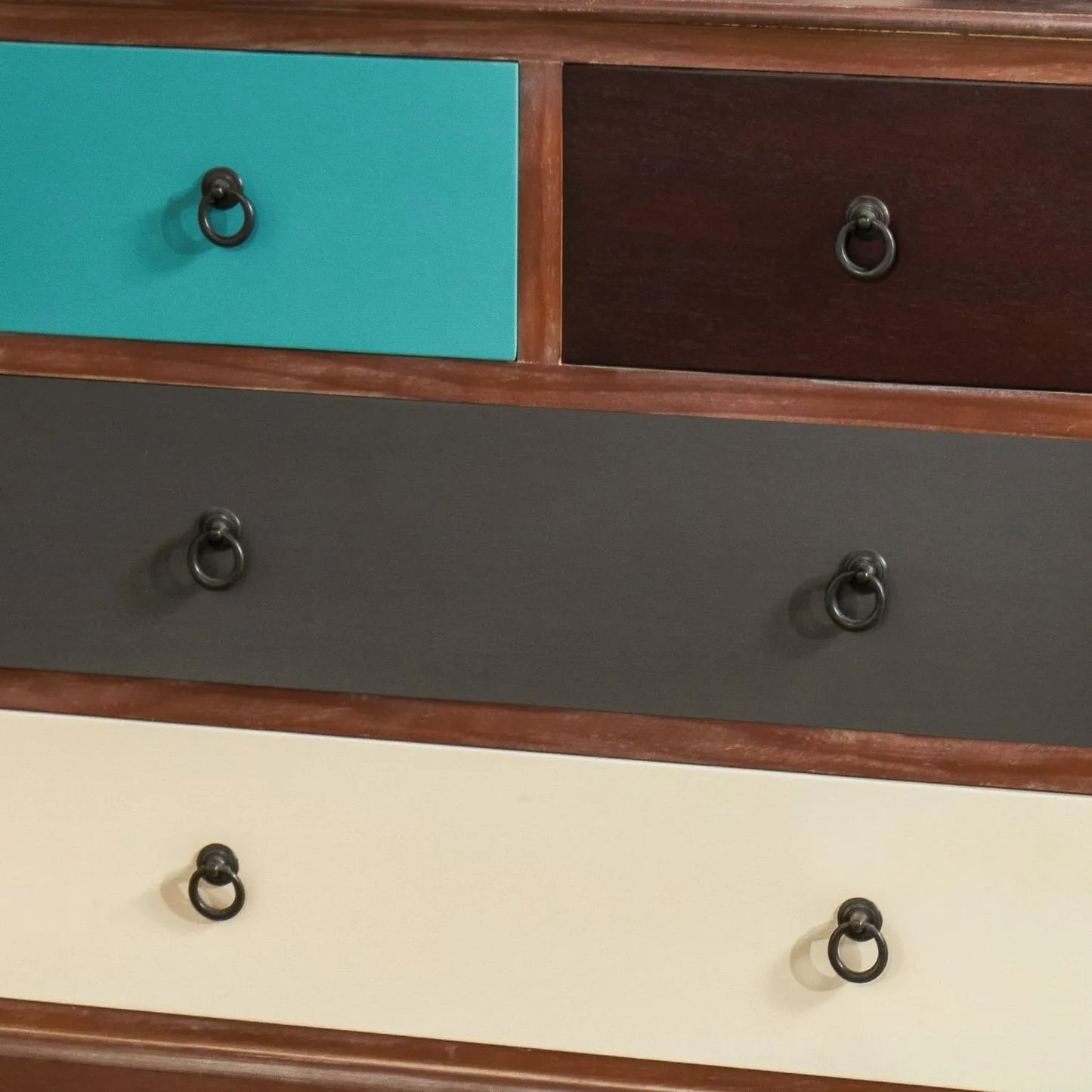 Turquoise Blue & Neutral Distressed Pine Wood 4 Drawer Chest – Drawer Fronts with Black Ring Handles & Pine Wood Surround Close-Up | Click Style