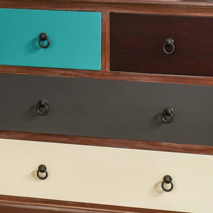 Turquoise Blue & Neutral Distressed Pine Wood 4 Drawer Chest – Drawer Fronts with Black Ring Handles & Pine Wood Surround Close-Up | Click Style