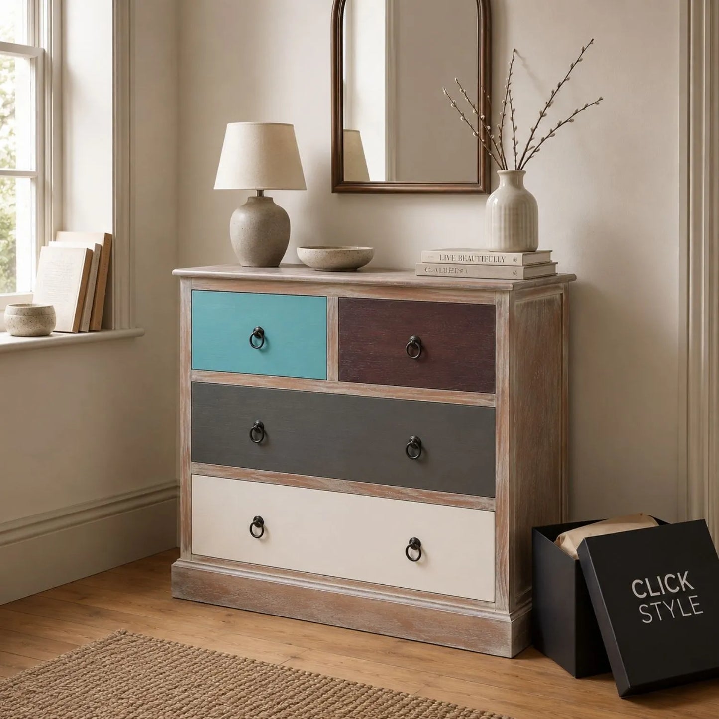 Turquoise Blue & Neutral Distressed Pine Wood 4 Drawer Chest with Black Ring Handles styled in a neutral hallway with arched mirror | Click Style
