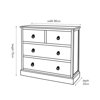 Turquoise Blue & Neutral Distressed Pine Wood 4 Drawer Chest – Angled Left View with Dimensions | Click Style