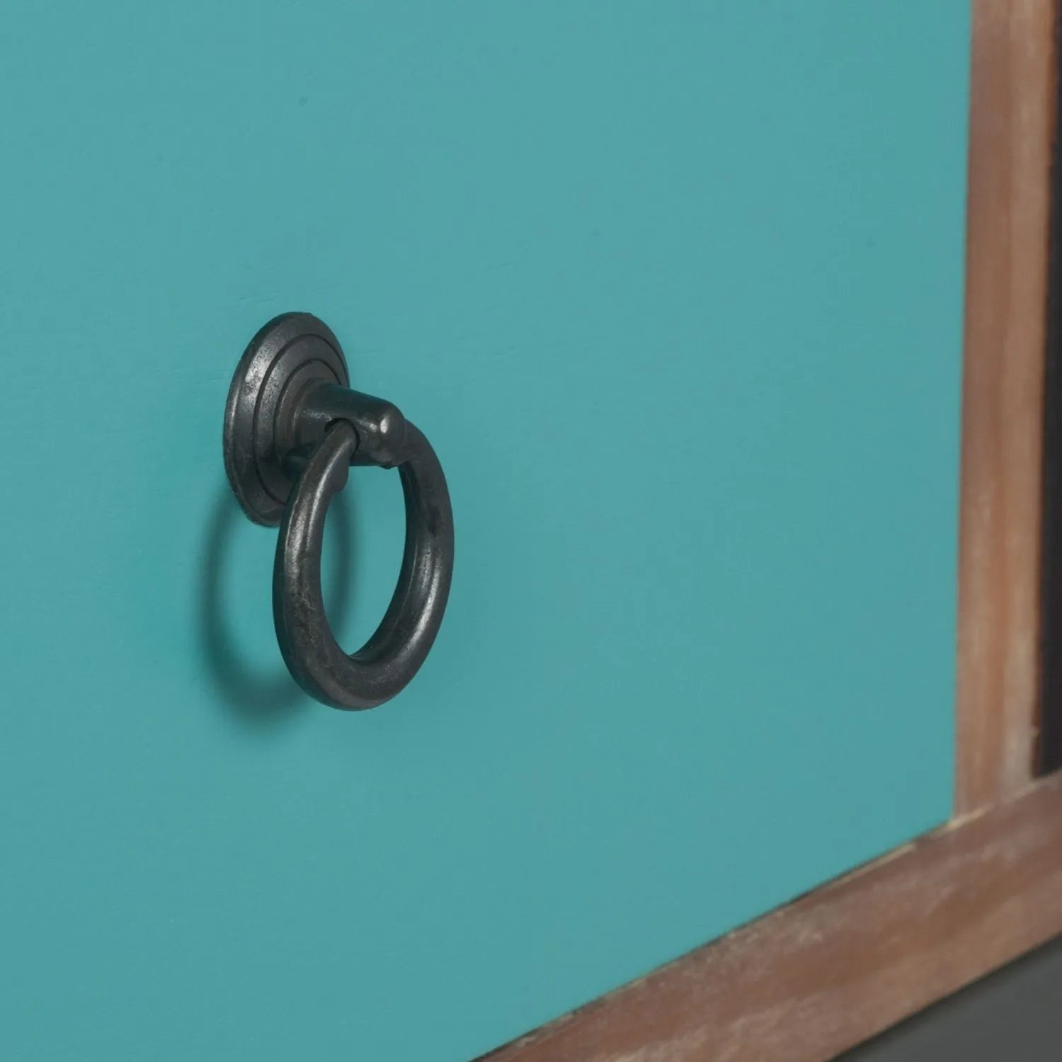 Turquoise Blue Drawer with Black Ring Handle & Distressed Pine Wood Surround – 4 Drawer Chest Close-Up | Click Style