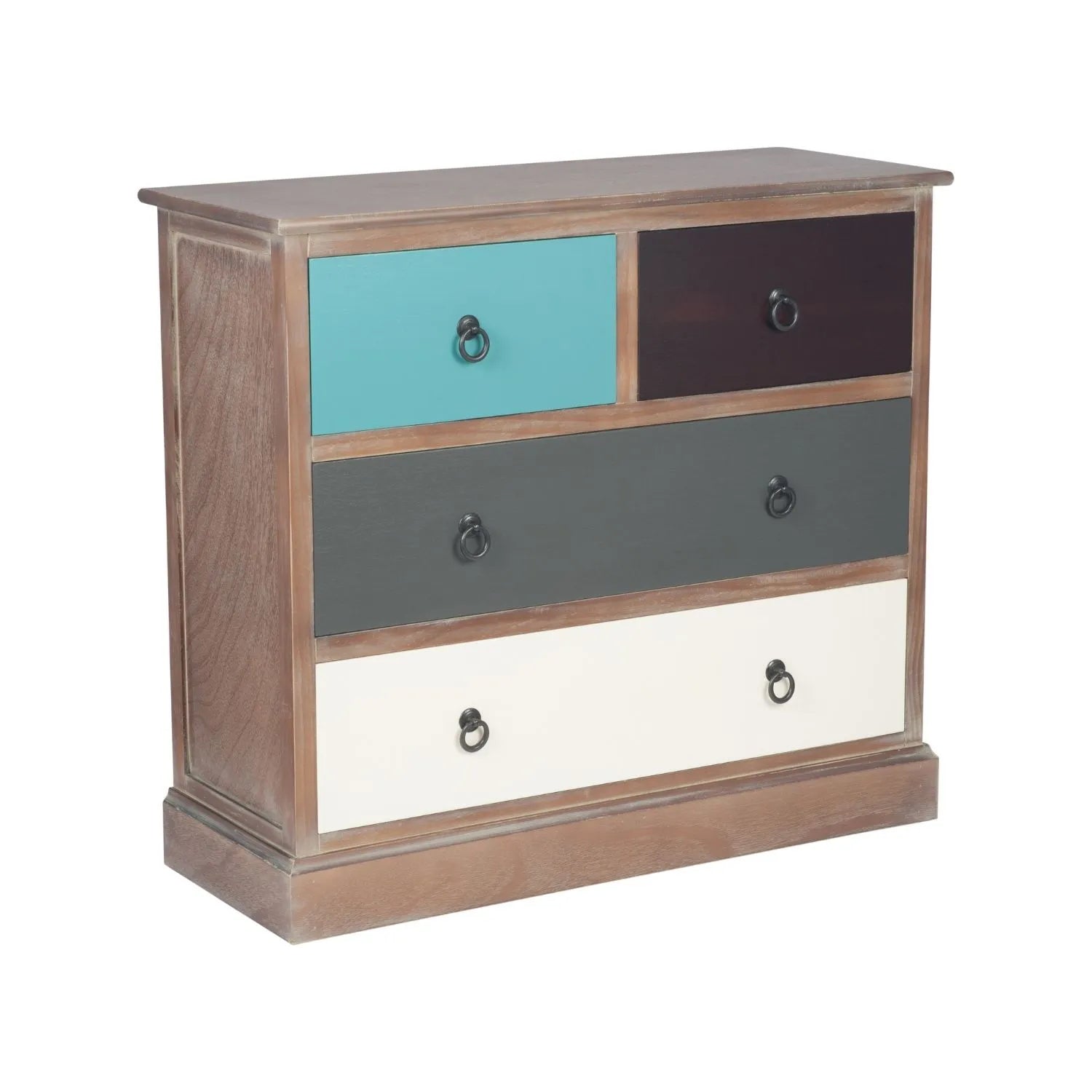 Turquoise Blue & Neutral Distressed Pine Wood 4 Drawer Chest with Black Ring Handles – Angled Front & Right Side View | Click Style