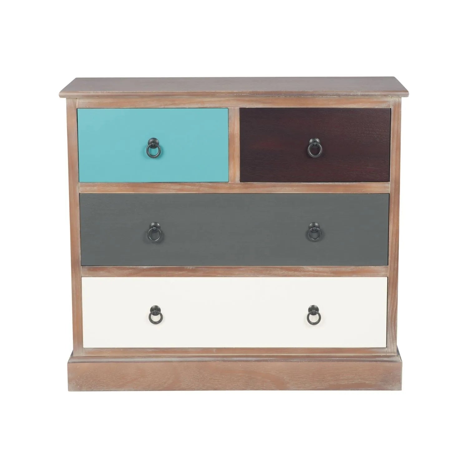 Turquoise Blue & Neutral Distressed Pine Wood 4 Drawer Chest with Black Ring Handles – Front View | Click Style