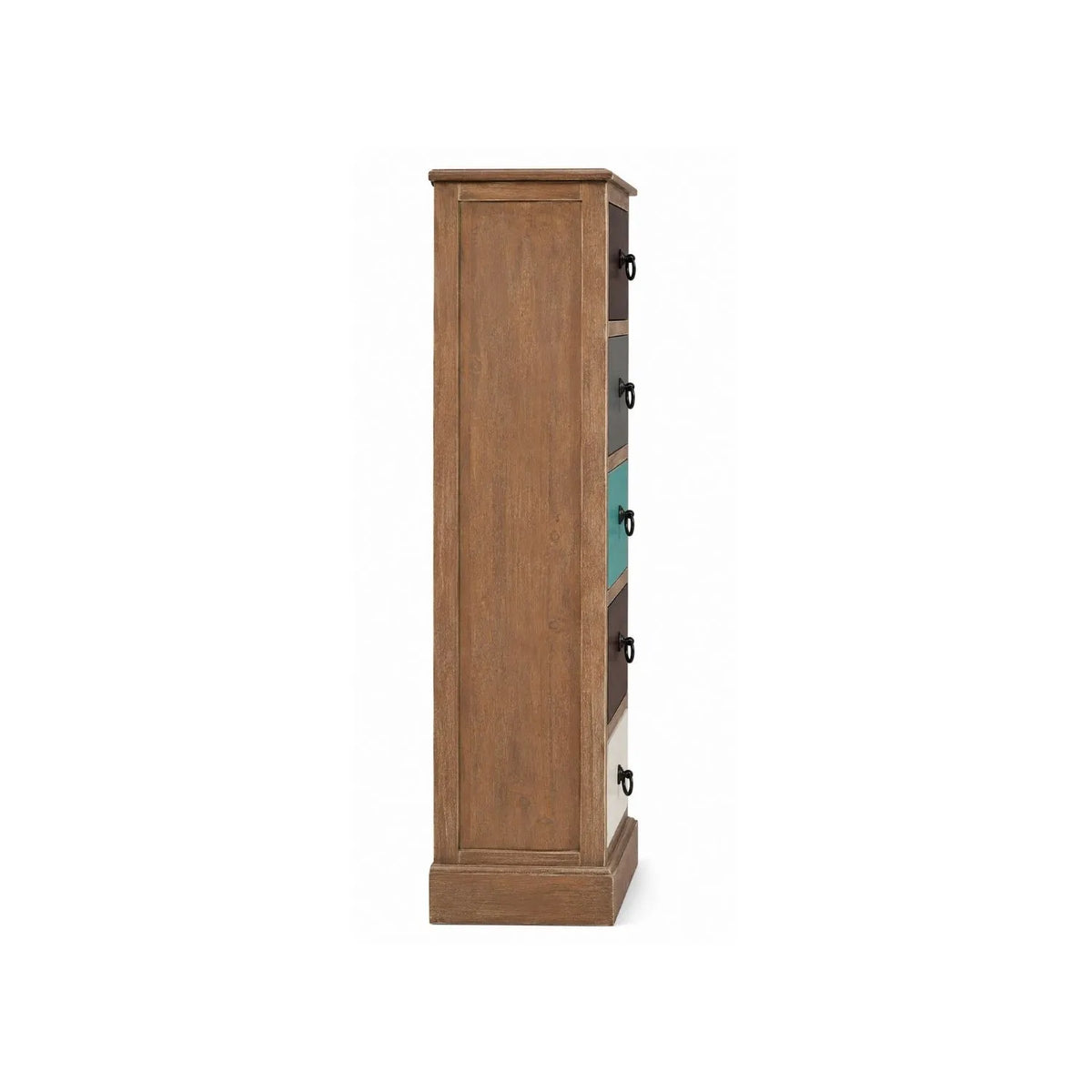 Turquoise Blue & Neutral Distressed Pine Wood 5 Drawer Tallboy Chest of Drawers side view with Black Ring Handles | Click Style
