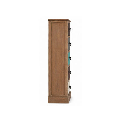 Turquoise Blue & Neutral Distressed Pine Wood 5 Drawer Tallboy Chest of Drawers side view with Black Ring Handles | Click Style