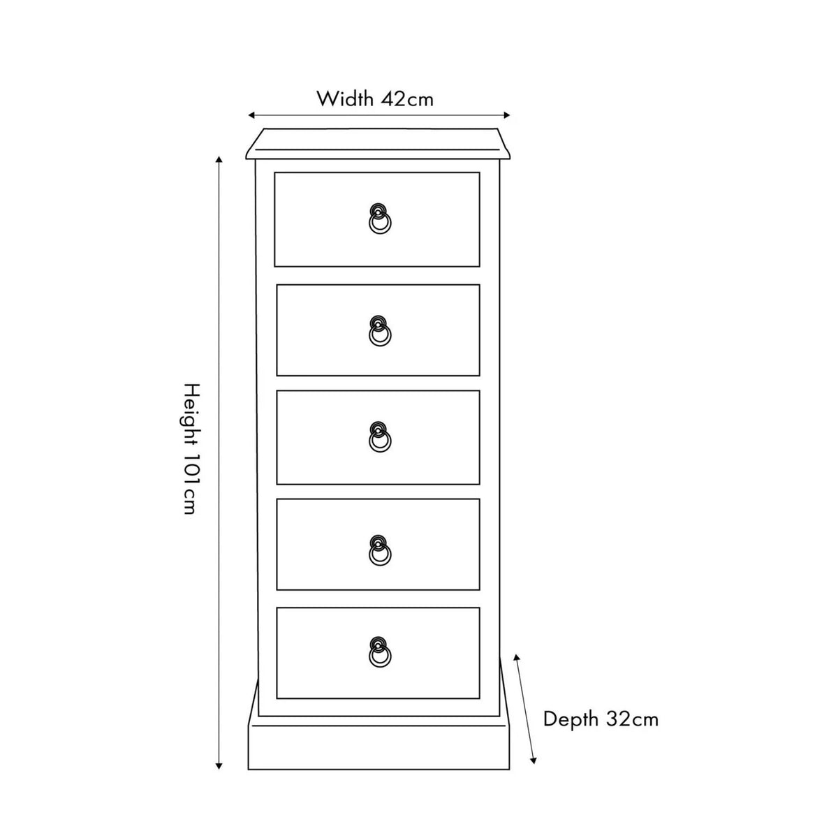 Turquoise Blue & Neutral Distressed Pine Wood 5 Drawer Tallboy Chest of Drawers front view dimension drawing 101x42x32cm | Click Style