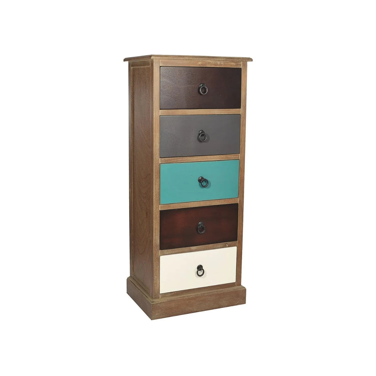 Turquoise Blue & Neutral Distressed Pine Wood 5 Drawer Tallboy Chest of Drawers front and side view angled right with Black Ring Handles | Click Style