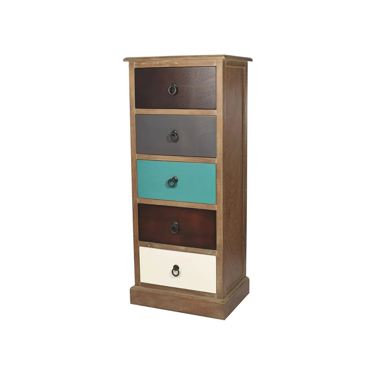 Turquoise Blue & Neutral Distressed Pine Wood 5 Drawer Tallboy Chest of Drawers front and side view angled left with Black Ring Handles | Click Style