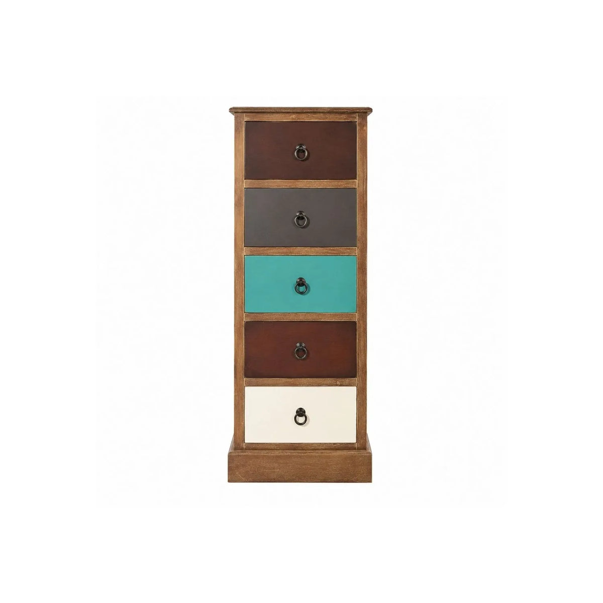 Turquoise Blue & Neutral Distressed Pine Wood 5 Drawer Tallboy Chest of Drawers front view with Black Ring Handles | Click Style