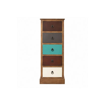 Turquoise Blue & Neutral Distressed Pine Wood 5 Drawer Tallboy Chest of Drawers front view with Black Ring Handles | Click Style