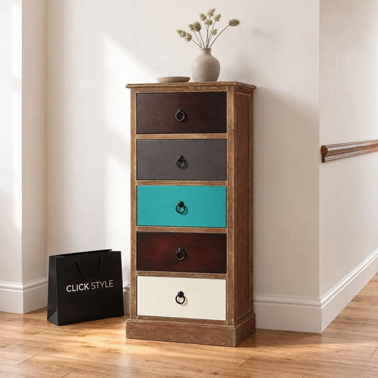 Turquoise blue and neutral distressed pine wood 5 drawer tallboy chest with black ring handles styled in a neutral hallway | Click Style