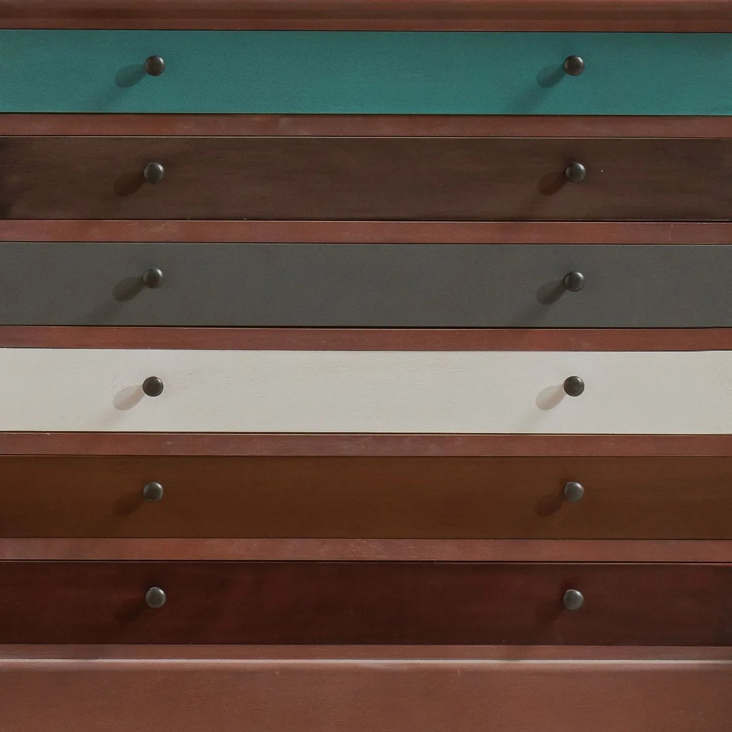 Turquoise Blue & Neutral Distressed Pine Wood 6 Drawer Chest with 12 Black Knob Handles & Wood Surround – Close-Up