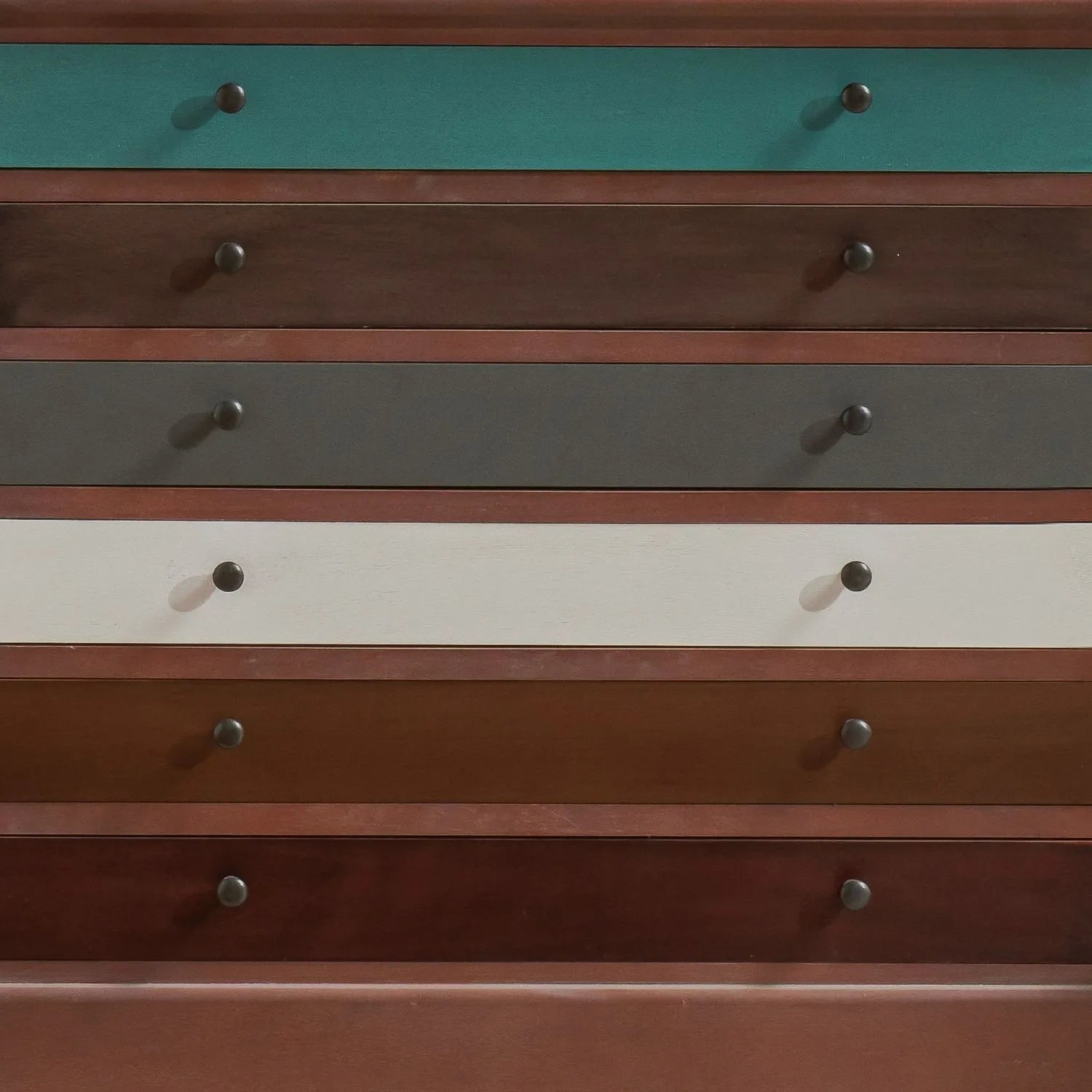 Turquoise Blue & Neutral Distressed Pine Wood 6 Drawer Chest with 12 Black Knob Handles & Wood Surround – Close-Up