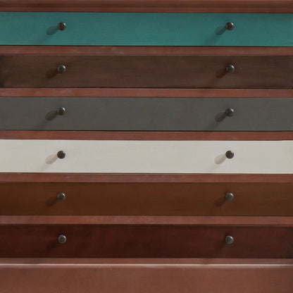 Turquoise Blue & Neutral Distressed Pine Wood 6 Drawer Chest with 12 Black Knob Handles & Wood Surround – Close-Up