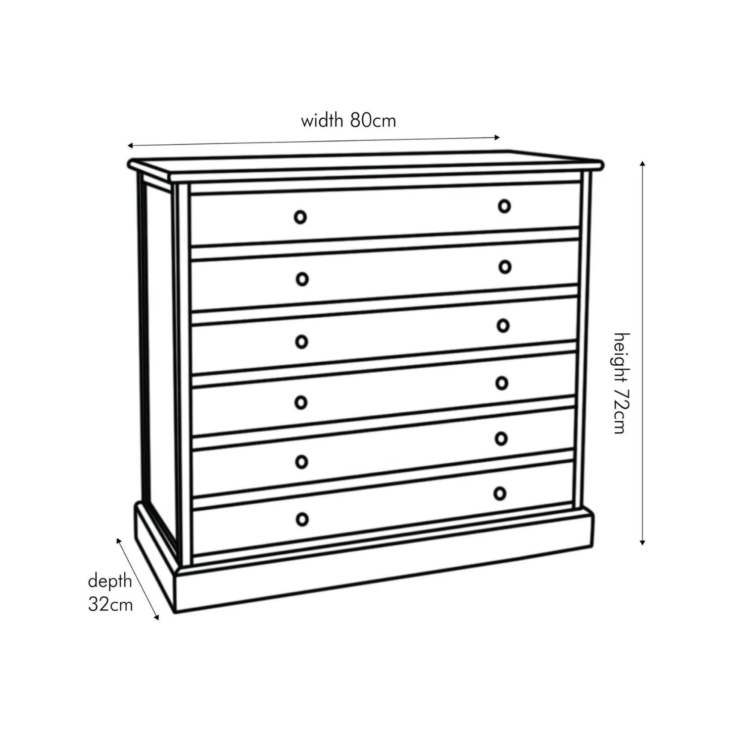 Turquoise Blue & Neutral Distressed Pine Wood 6 Drawer Chest with Black Knob Handles – Angled Right Dimension Drawing