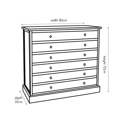 Turquoise Blue & Neutral Distressed Pine Wood 6 Drawer Chest with Black Knob Handles – Angled Right Dimension Drawing