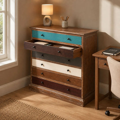 Turquoise blue and neutral distressed pine wood 6 drawer chest with black knob handles and open drawer styled in a home office | Click Style