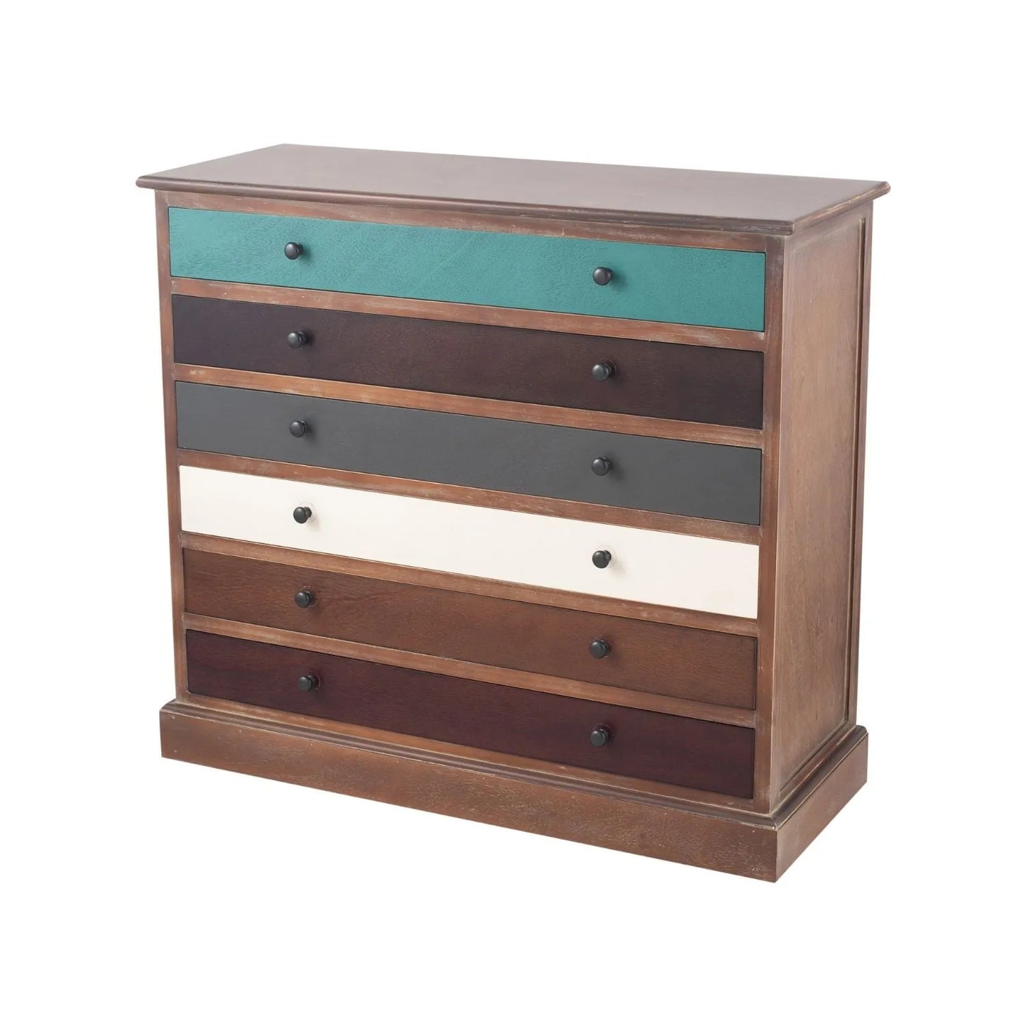Turquoise Blue & Neutral Distressed Pine Wood 6 Drawer Chest with Black Knob Handles – Front & Side View Angled Left