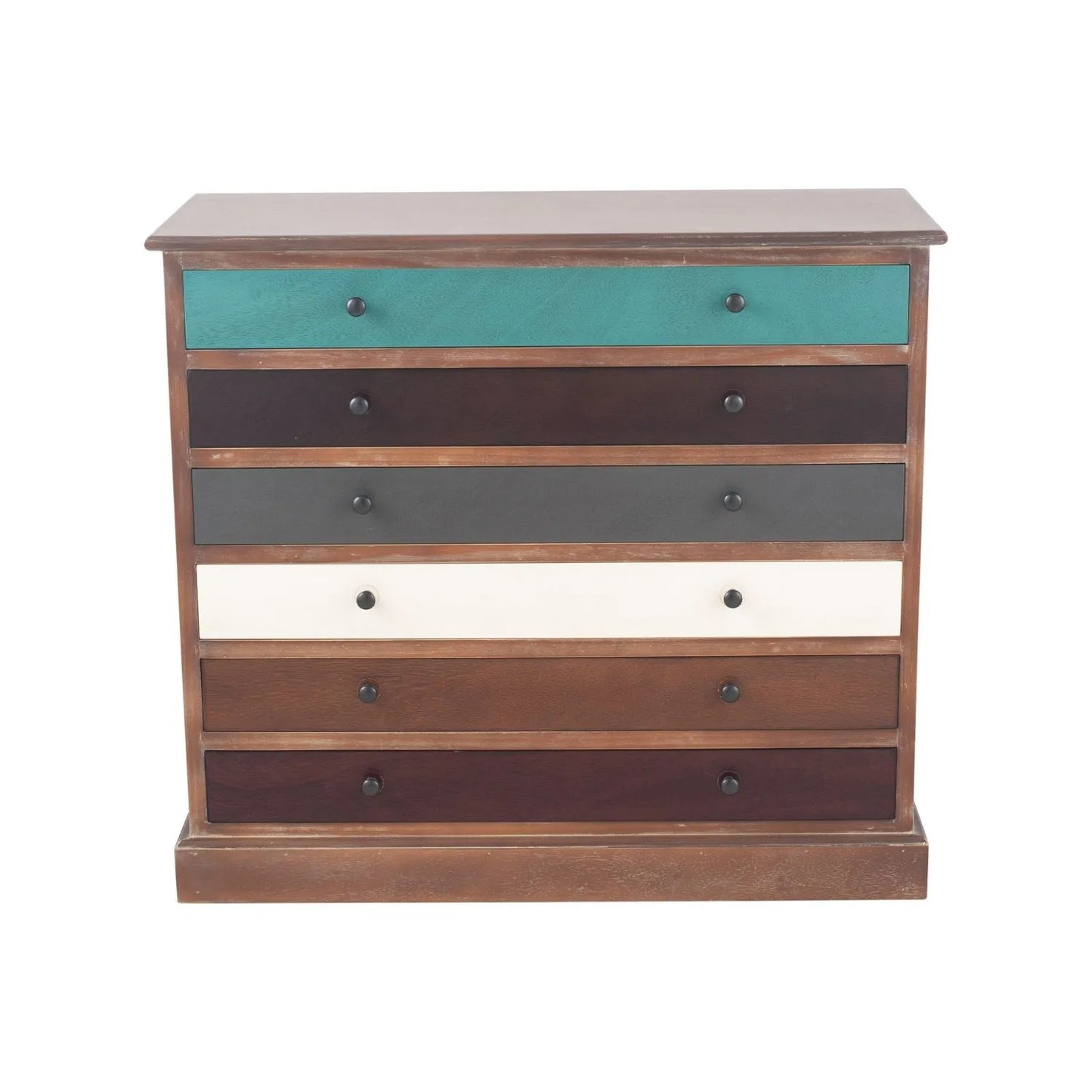 Turquoise Blue & Neutral Distressed Pine Wood 6 Drawer Chest with Black Knob Handles – Front View