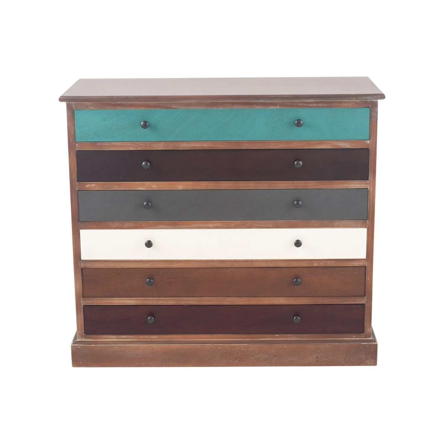 Turquoise Blue & Neutral Distressed Pine Wood 6 Drawer Chest with Black Knob Handles – Front View