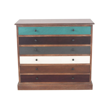Turquoise Blue & Neutral Distressed Pine Wood 6 Drawer Chest with Black Knob Handles – Front View
