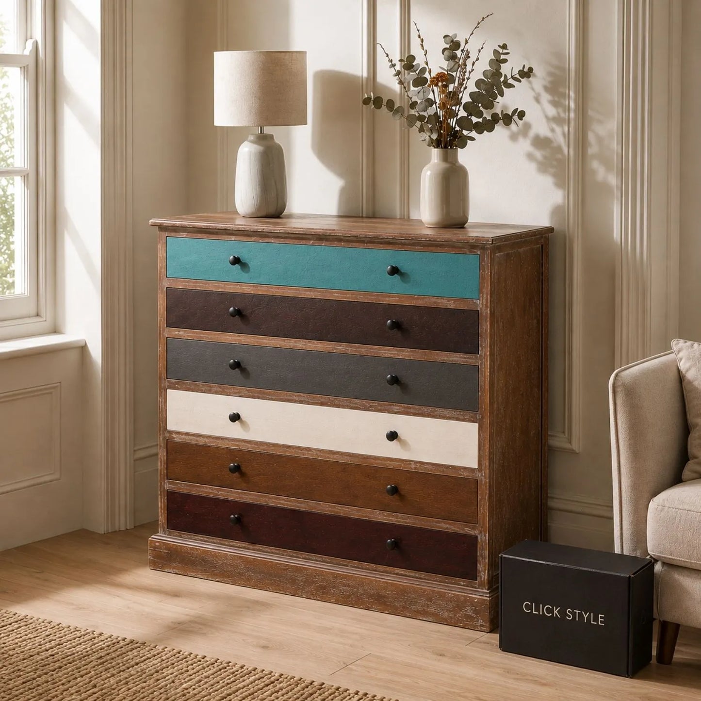 Turquoise blue and neutral distressed pine wood 6 drawer chest with black knob handles styled in a warm neutral interior | Click Style