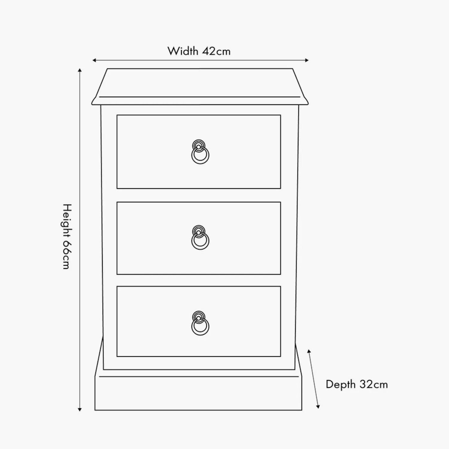 Turquoise Blue & Neutral Distressed Pine Wood 3 Drawer Side Table & Bedside Table – front view dimension drawing 66x42x32cm