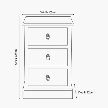 Turquoise Blue & Neutral Distressed Pine Wood 3 Drawer Side Table & Bedside Table – front view dimension drawing 66x42x32cm