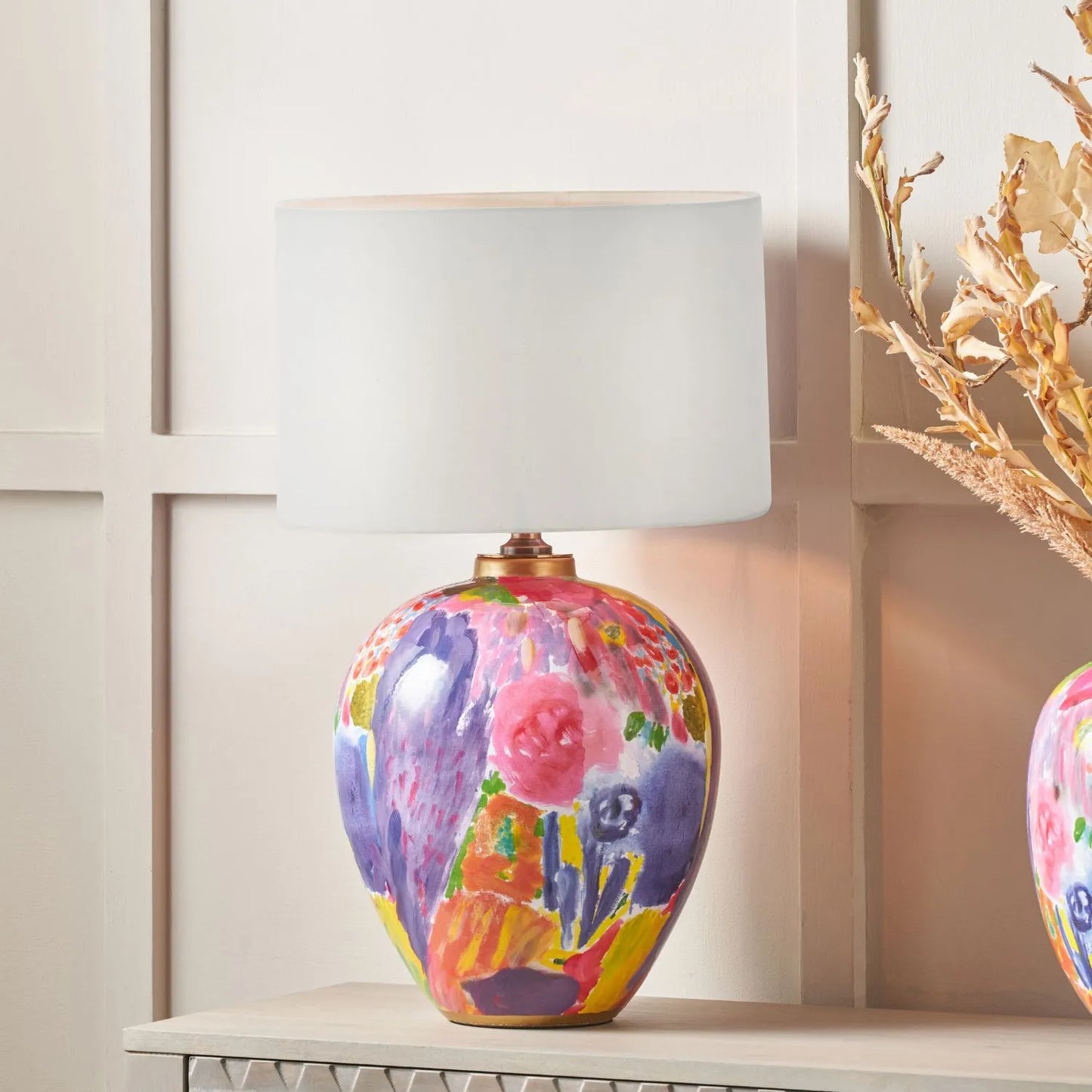 Vibrant Matisse-Style Multi-Colour Ceramic Urn Table Lamp Base with Abstract Painterly Design & Gold Detailing – Decorative Statement Lighting 42x28x28cm | Click Style