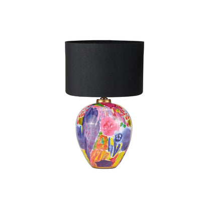 Vibrant Matisse-Style Multi-Colour Ceramic Urn Table Lamp with Black Cotton Drum Shade & Gold Detailing – Artistic Painterly Lighting 61x40x40cm | Click Style